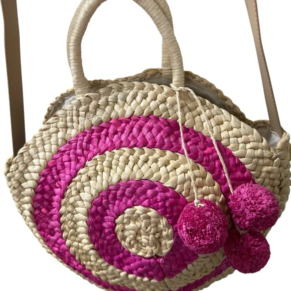 Unbranded Corn Husk Circle Beach Tote Pink Pom Poms 47 inch Leather Strap Boho - Picture 4 of 9